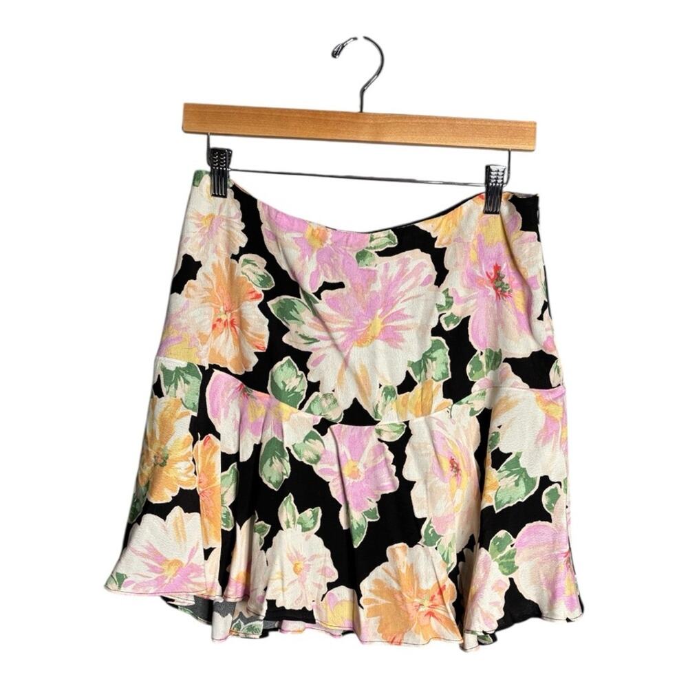 Sage the Label Pink Black Floral Print Flowy A Line Skirt Large